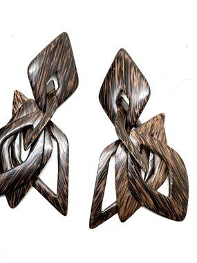 Gerda Lynggaard Monies Wood Geometric Design Statement Large Earrings 5.25"